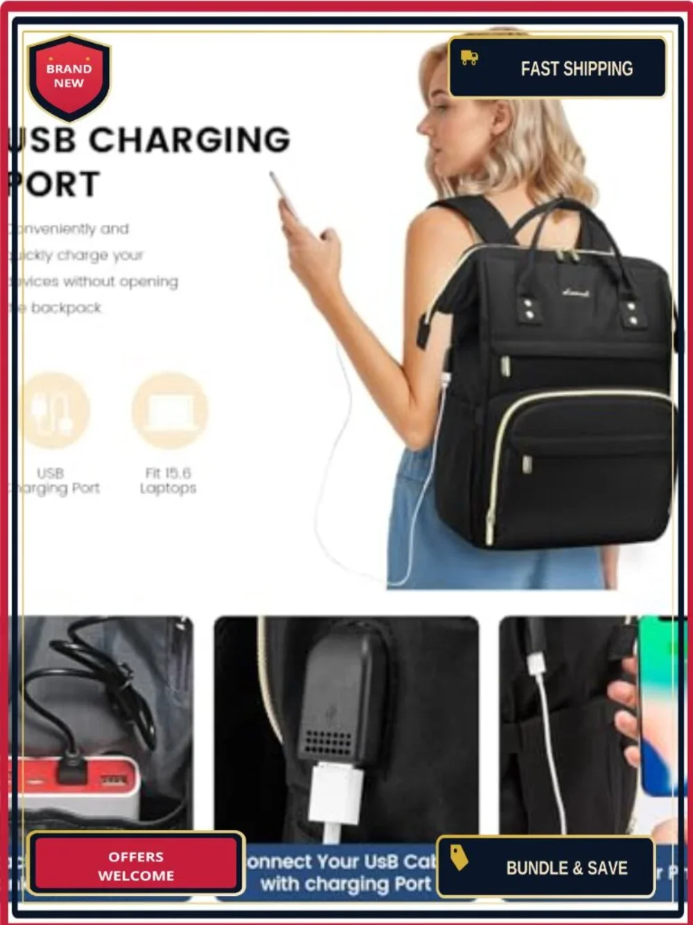 LOVEVOOK Laptop Backpack Women 15.6 Inch Daypack with USB Charging Port